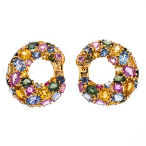 Chaumet Multicolor Sapphire 18k Yellow Gold Hoop Earrings