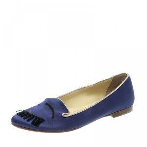 Chiara Ferragni Blue Satin Flirting Smoking Slippers Size 38