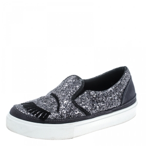 Chiara Ferragni Purple Glitters and Suede Blink Wink Slip On Sneakers Size 37