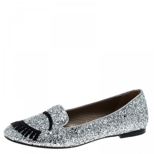 Chiara Ferragni Metallic Silver Coarse Glitter Flirting Smoking Slippers Size 39
