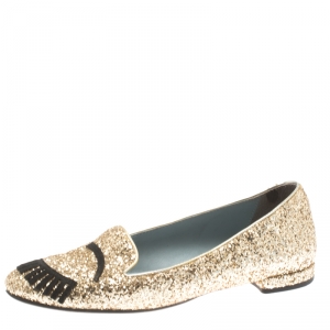 Chiara Ferragni Metallic Gold Coarse Glitter Flirting Smoking Slippers Size 37