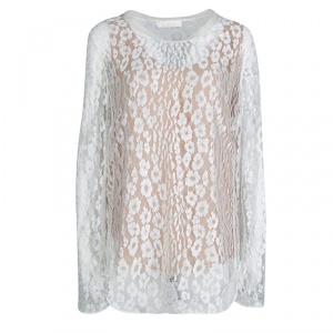 Chloe White Contrast Lined Long Sleeve Floral Lace Top L