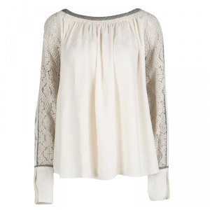 Chloe Cream Contrast Trim Guipure Lace Detail Long Sleeve Blouse M