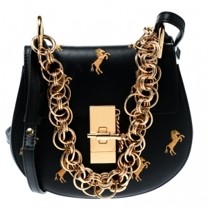Pre Owned Chloe Black Bijou Embroidered Little Horses Leather Small Drew Crossbody Bag