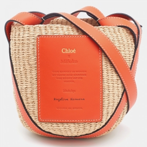 Pre Owned Chloe x Mifuku Orange/Beige Raffia and Leather Small Basket Bag