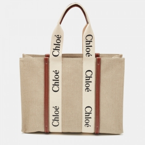 Chloe Beige/Brown Canvas and Leather Large Woody Tote