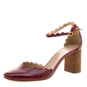 Chloe Burgundy Leather Lauren Scallop Trim Ankle Strap Block Heel Pumps Size 42