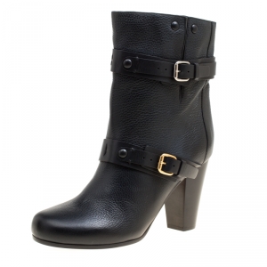 Pre Owned Chloe Black Leather Double Buckle Ankle Boots Size 38.5
