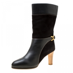 Pre Owned Chloe Black Suede and Leather Renna Block Heel Calf Boots Size 40