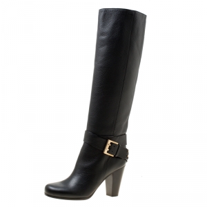 Chloe Black Leather Buckle Detail Knee Boots Size 38.5