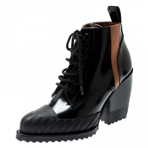 Chloé Black Leather Rylee Rubber Cap Toe Lace Up Ankle Boots Size 36