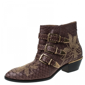 Pre Owned Chloe Brown Python Leather Susanna Embellished Ankle Boots Size 41