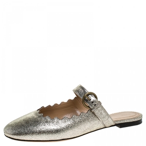 Chloe Silver Foil Leather Lauren Buckle Strap Flat Mules Size 40