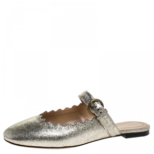Chloe Silver Foil Leather Lauren Buckle Strap Flat Slides Size 39.5