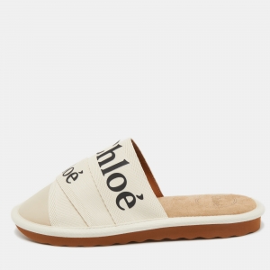 Pre Owned Chloe Cream Canvas and Leather Woody  Mules Size 37