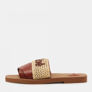 Chloe Brown/Beige Leather and Woven Raffia Woody Flat Slides Size 38