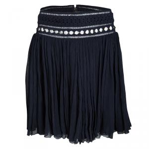 Pre Owned Chloe Deep Navy Blue Crinkled Silk Chiffon Cutout Lace Waist Detail Mini Skirt S