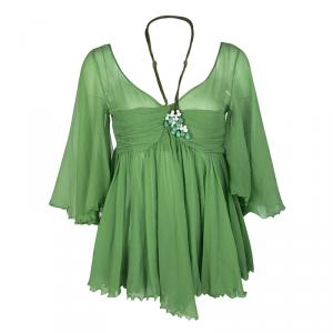 Pre Owned Chloe Green Crinkled Chiffon Gathered Tie Detail Blouse M