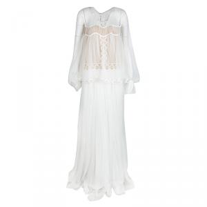 Pre Owned Chloe White Herringbone Lace Long Sleeve Maxi Dress M