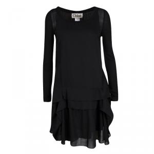 Chloe Black Wool Pleated Panel Detail Long Sleeve Dress S