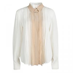Pre Owned Chloe Cream Contrast Collar and Lapel Ladder Lace Detail Silk Blouse L