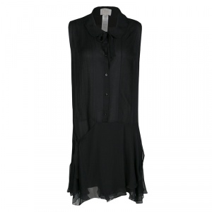 Chloe Black Silk Chiffon Pintuck Detail Ruffle Bottom Sleeveless Dress M 
