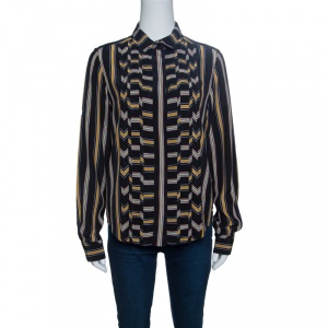 Chloe Black Broken Stripe Print Pintucked Long Sleeve Shirt M  