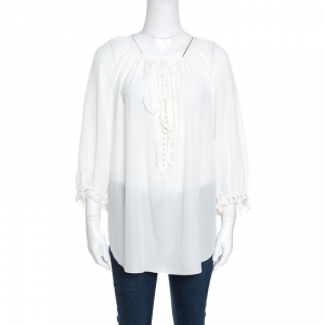 Pre Owned Chloe Iconic Milk White Silk Scalloped Lace Trim Peasant Blouse L