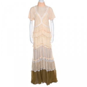 Chloe Beige and Lilac Tiered Silk Chiffon Lace Trim Ruffled Maxi Dress M