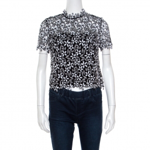 Pre Owned Self Portrait Monochrome Floral Embroidered Lace Cropped Top S