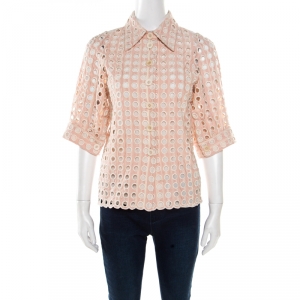 Chloe Shadow Pink Embroidered Guipure Lace Short Sleeve Blouse S