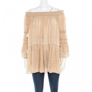 Pre Owned Chloe Beige Rose Eyelet Embroidered Cotton Oversized Off Shoulder Peasant Top S