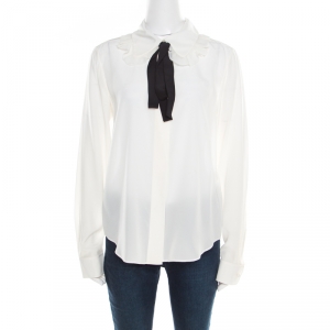 Pre Owned Chloe Milk White Crepe de Chine Contrast Neck Tie Detail Blouse M