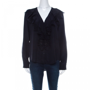 Chloe Navy Blue Silk and Lace Button Front Blouse S