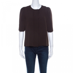 Pre Owned Chloe Truffle Brown Silk Blend Puff Sleeve Front Button Top L 