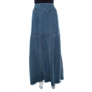 Chloe Indigo Light Wash Denim Embossed Detail Frayed Maxi Skirt L