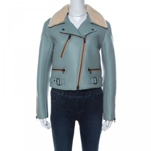 Chloe Blue Leather and Shearling Biker Jacket M