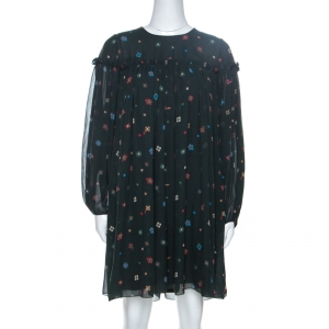 Chloe Dark Green Floral Printed Silk Tunic Dress S
