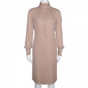 Pre Owned Chloe Beige Silk Crepe High Neck Pleat Detail Dress S 
