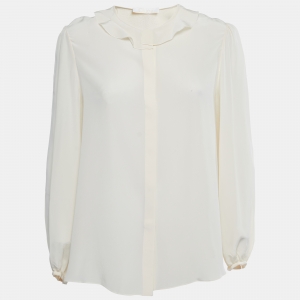 Pre Owned Chloe Cream Silk Ruffle Trim Button Down Blouse M