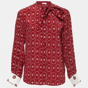 Chloe Copper Red Printed Silk Contrast Cuff Blouse S