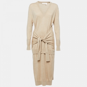 Chloe Tan Brown Wool Wrap Sweater Midi Dress S
