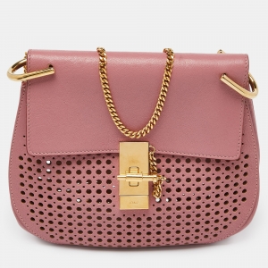 Chloe Pink Perforated Leather Medium Drew Shoulder Bag
