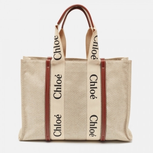 Chloe Beige/Brown Canvas and Leather Large Woody Tote