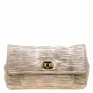 Pre Owned Chloe Metallic Beige Pleated Leather Clutch