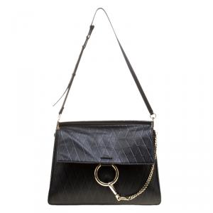 Pre Owned Chloe Black Diamond Embossed Leather Medium Faye Shoulder Bag