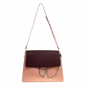 Pre Owned Chloe Peach/Burgundy Leather and Suede Faye Shoulder Bag