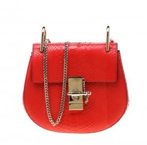 Pre Owned Chloe Coral Red Python Small Drew Shoulder Bag