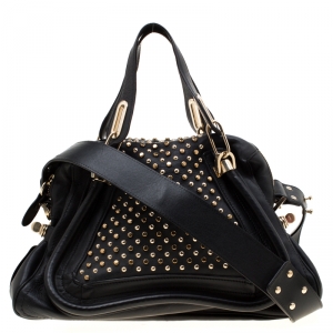 Pre Owned Chloe Black Studded Leather Medium Paraty Military Shoulder Bag 