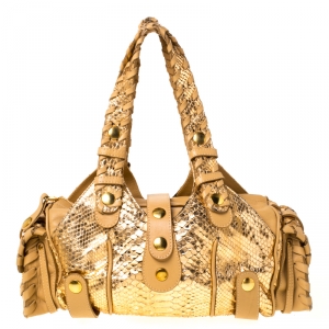 Pre Owned Chloe Gold/Beige Python and Leather Silverado Satchel